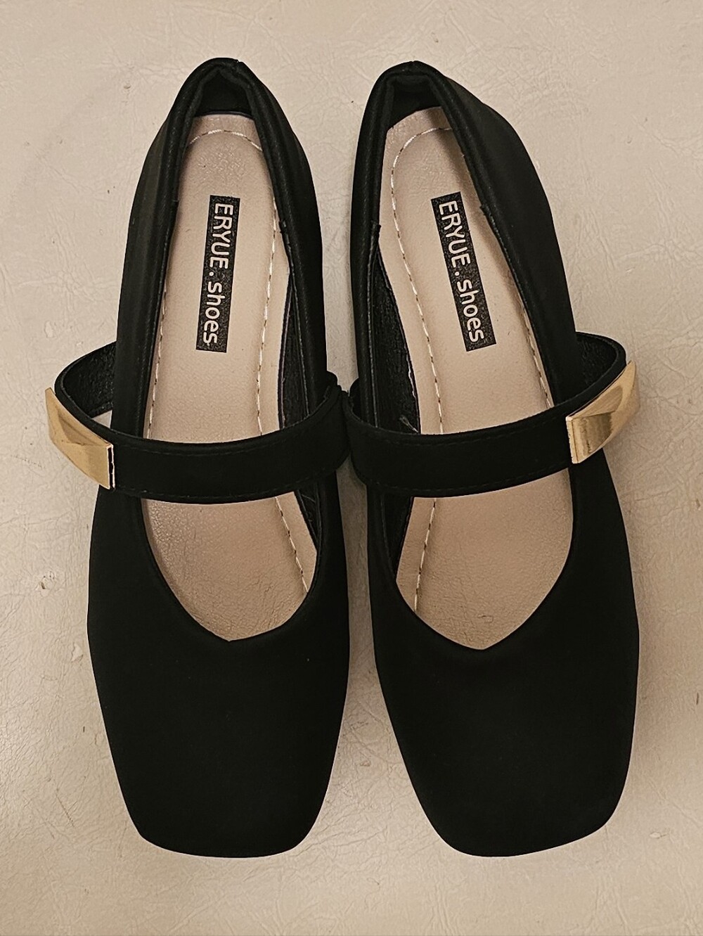 Eryue Shoes French Retro Black Square Toe Mary Jane Flats Gold Buckle Sz 8
